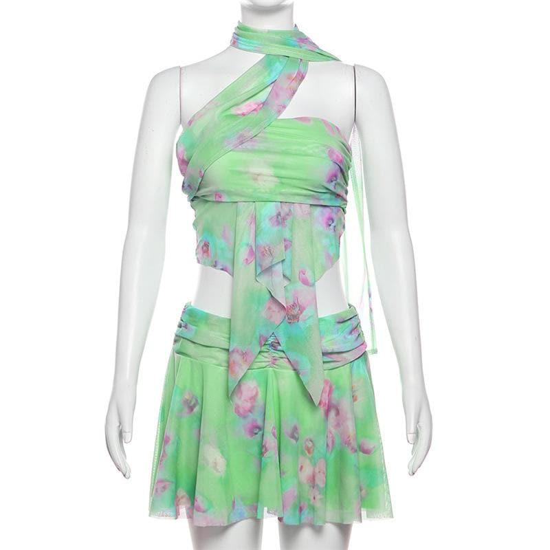 Halter ruched print ruffle mesh mini skirt set