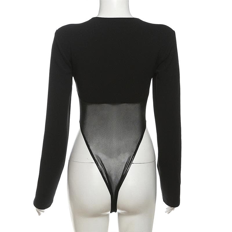 Long sleeve metal tag mesh patchwork bodysuit