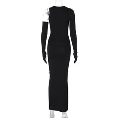 Long sleeve gloves irregular hollow out crewneck cut out maxi dress