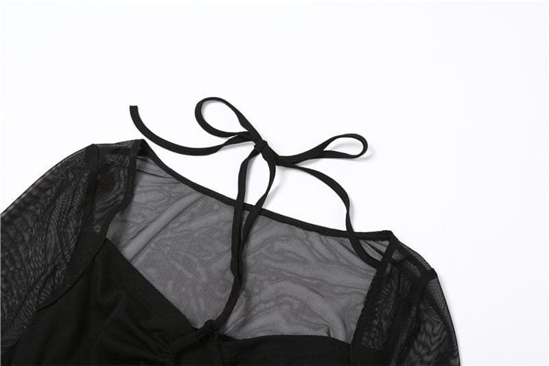 Mesh hollow out slit drawstring long sleeve halter self tie crop cut out top