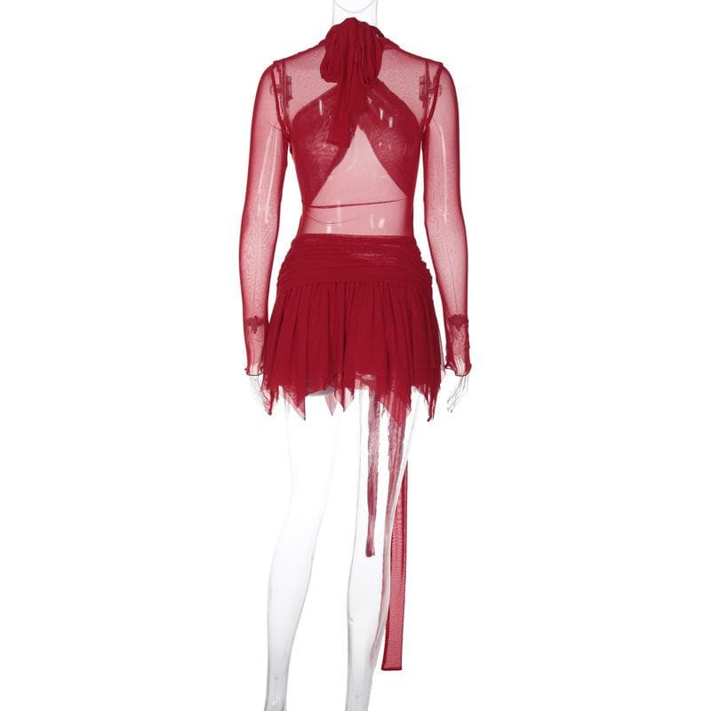 Long sleeve ruffle ruched cross front halter sheer mesh mini dress
