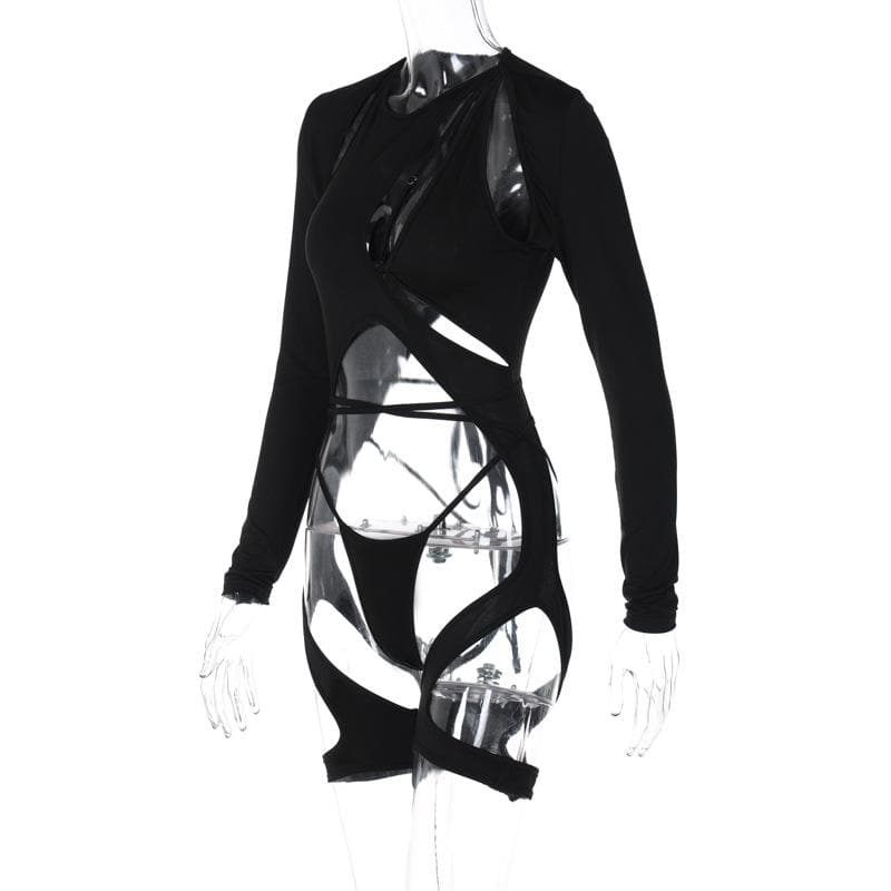 Long sleeve hollow out zip-up irregular solid cut out top
