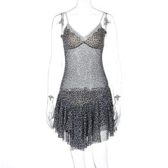 Leopard print lace hem mesh v neck cami mini dress