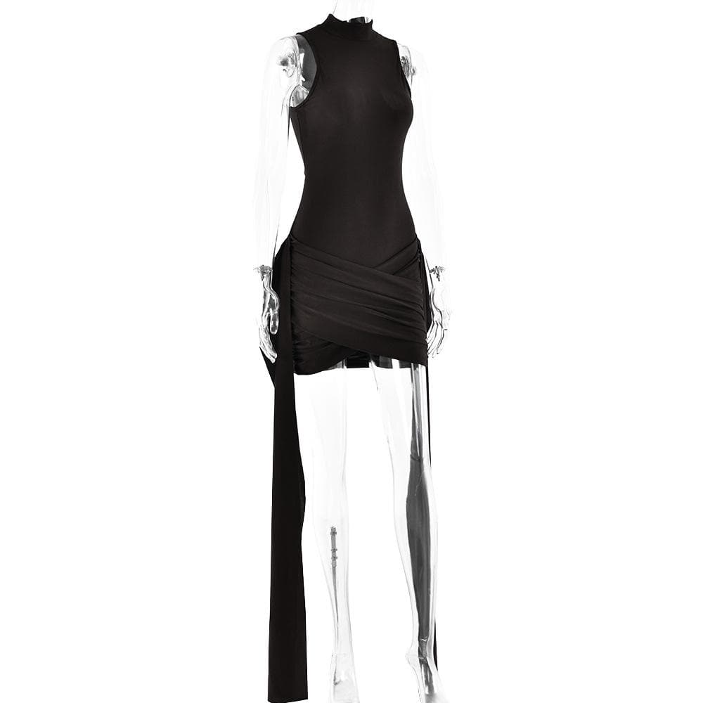 High neck ruffle ruched solid mini dress