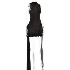 High neck ruffle ruched solid mini dress