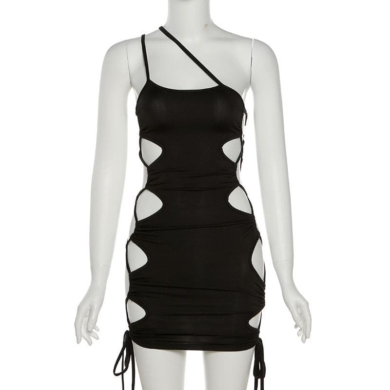 Hollow out one shoulder lace up drawstring low cut cut out mini dress