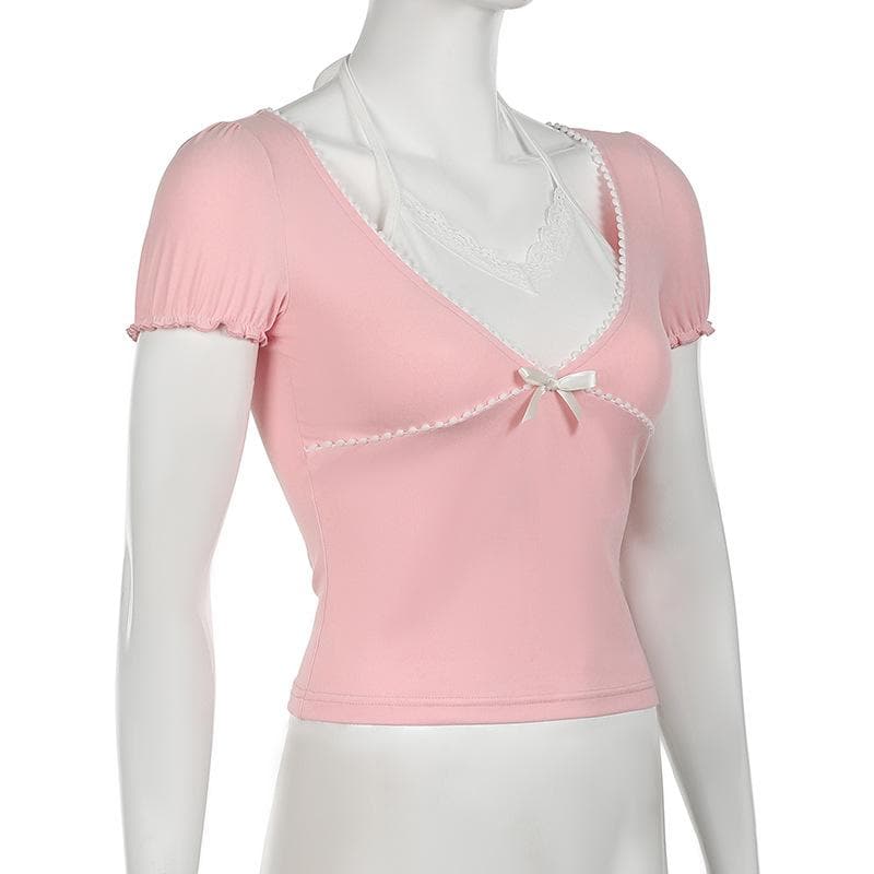 Halter short sleeve bowknot ruffle top