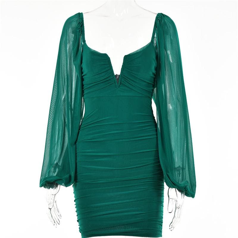 Mesh solid long sleeve ruched notch neck zip-up mini dress