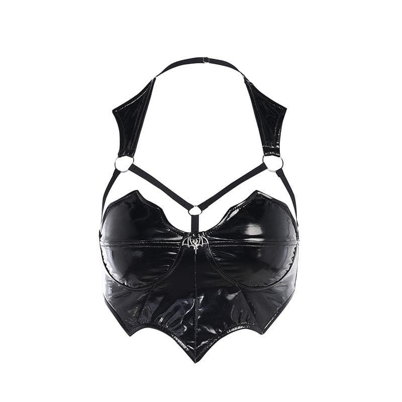 Halter o ring PU leather backless irregular crop top