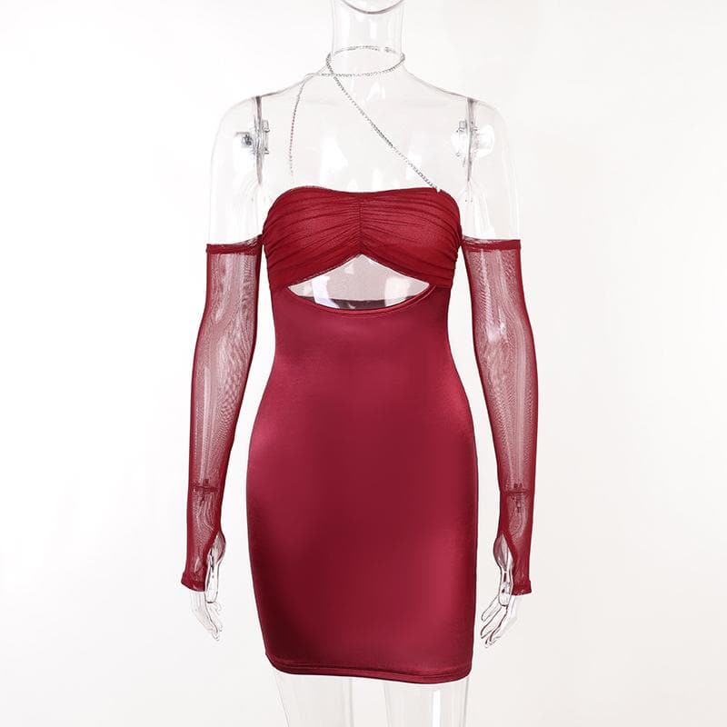 Mesh gloves solid halter ruched hollow out off shoulder cut out mini dress