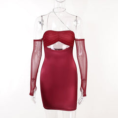 Mesh gloves solid halter ruched hollow out off shoulder cut out mini dress