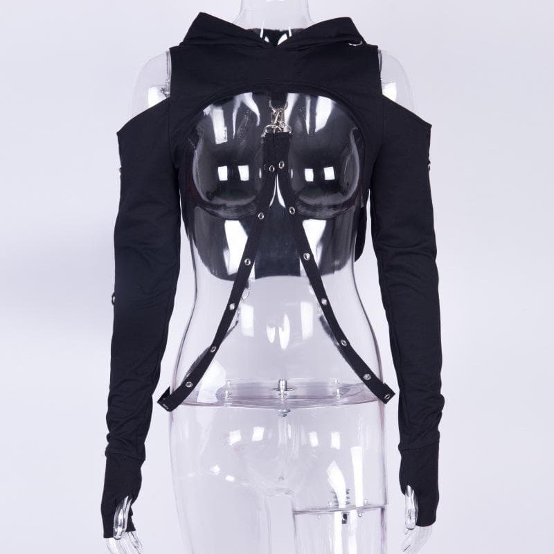 Hoodie ribbon off shoulder buckle long sleeve gloves crop top