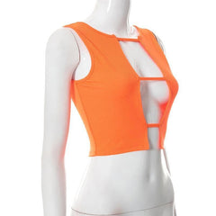 Hollow out sleeveless ribbed solid crop cut out top