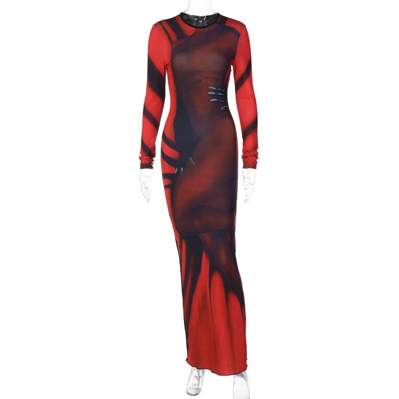 Abstract contrast long sleeve crewneck maxi dress