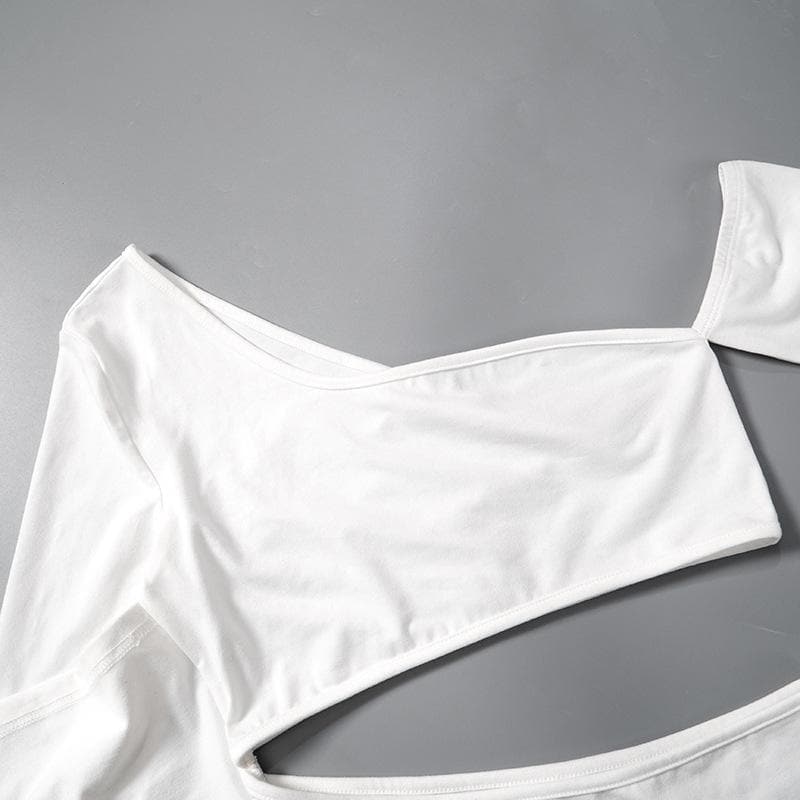 Long sleeve one shoulder hollow out solid irregular backless cut out top