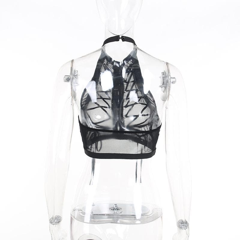 Mesh see through lace up open back metal ring open back top