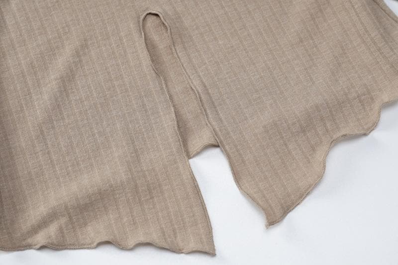 Long sleeve notch neck ruffle solid slit crop top