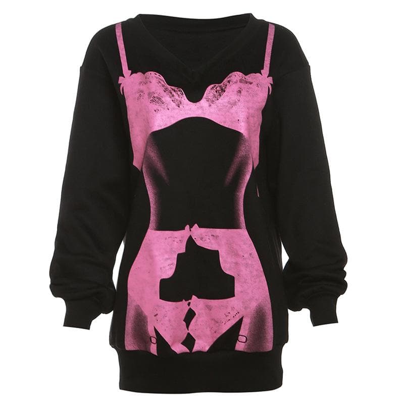 Body print contrast long sleeve v neck top - Final Sale