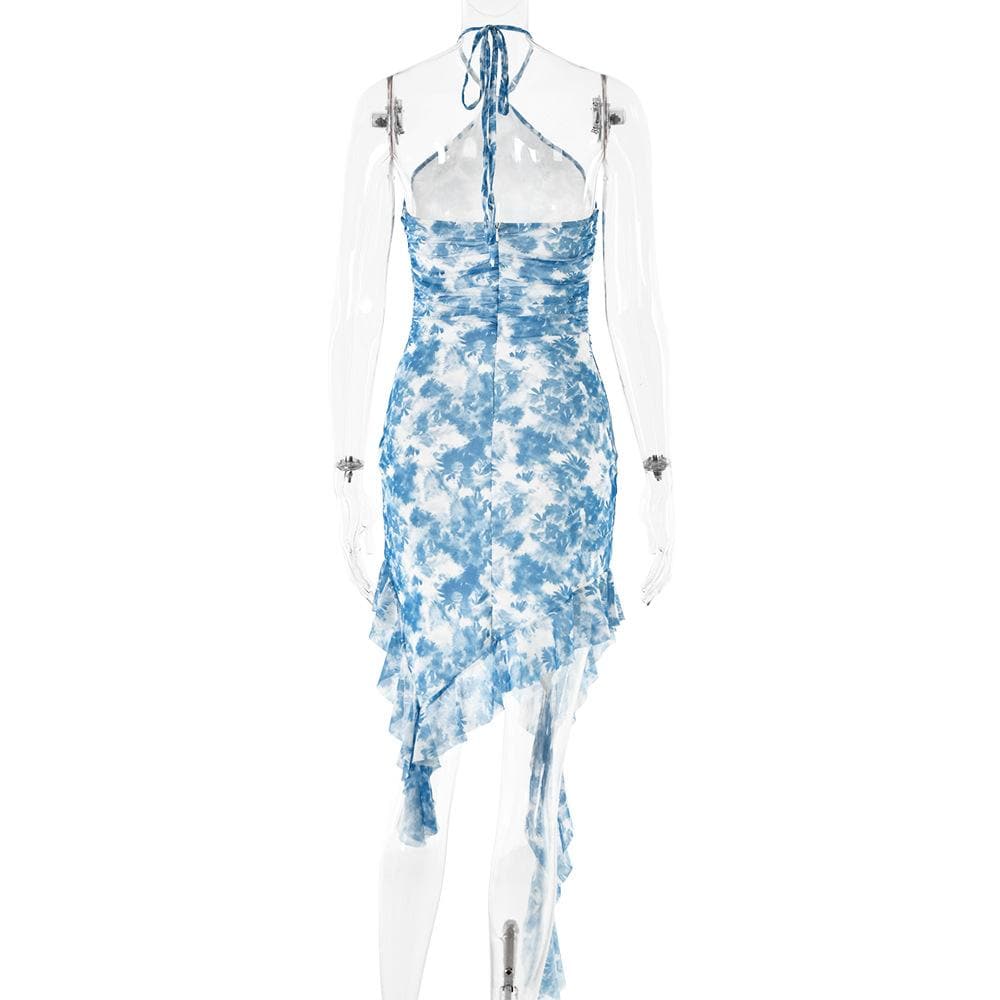 Halter ruffle tie dye irregular backless mini dress