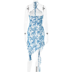 Halter ruffle tie dye irregular backless mini dress