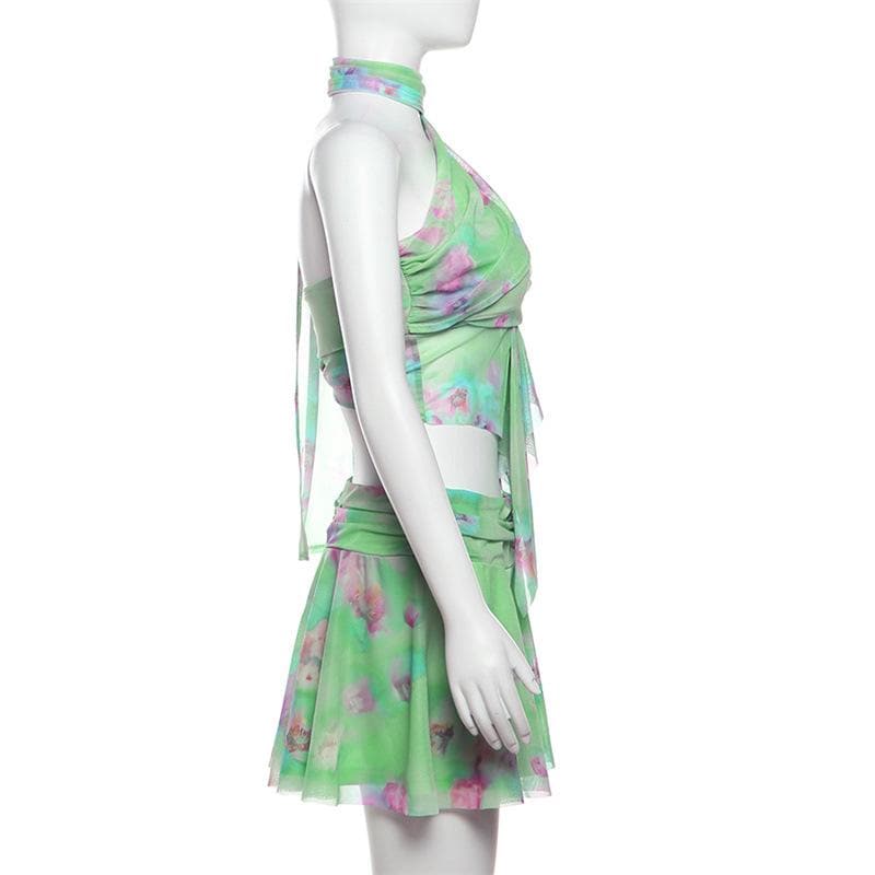 Halter ruched print ruffle mesh mini skirt set