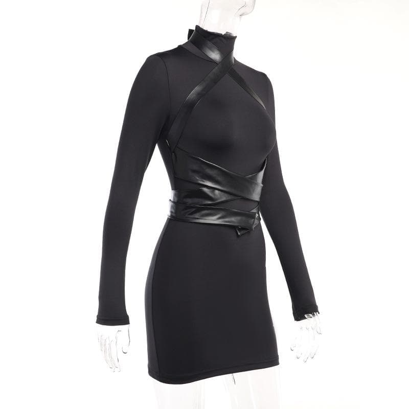 Long sleeve high neck cross front button zip-up mini dress