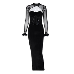 Long sleeve velvet mesh bustier feather patchwork midi dress