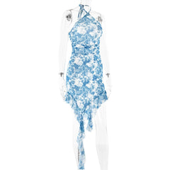 Halter ruffle tie dye irregular backless mini dress