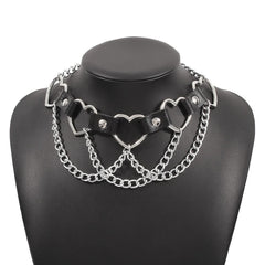 Heart ring PU chain layered choker necklace