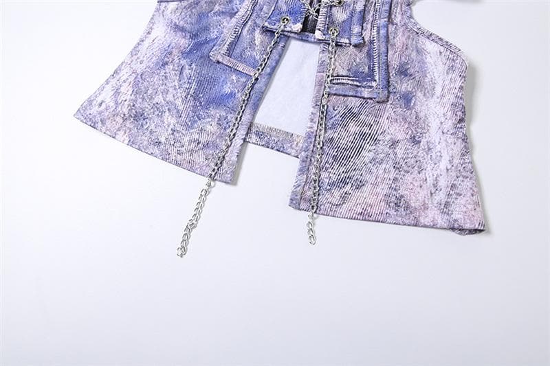 Metal chain lace up sleeveless hollow out contrast print crop cut out top