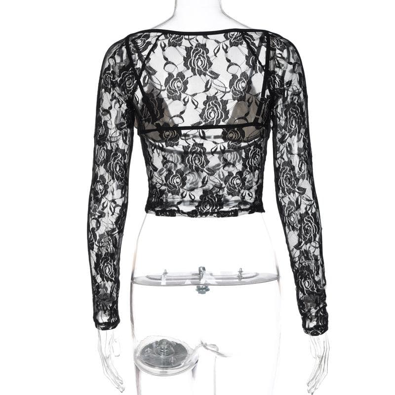 Long sleeve hollow out contrast lace 2 piece cut out top