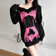 Body print contrast long sleeve v neck top - Final Sale