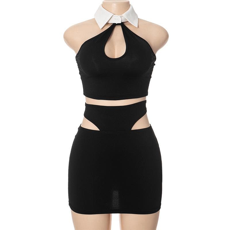 Halter turnover collar hollow out mini skirt set