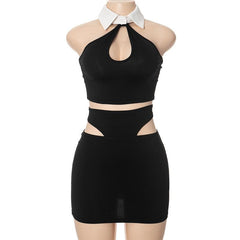 Halter turnover collar hollow out mini skirt set