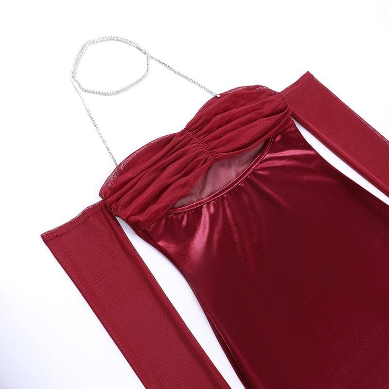 Mesh gloves solid halter ruched hollow out off shoulder cut out mini dress