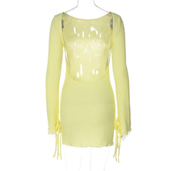 Long sleeve backless self tie mini dress