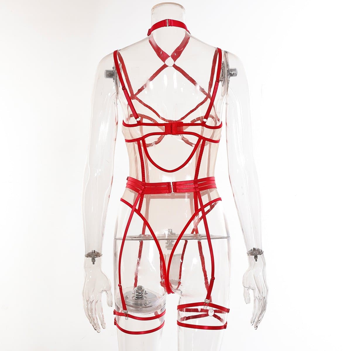 Mesh print garter o ring halter bodysuit