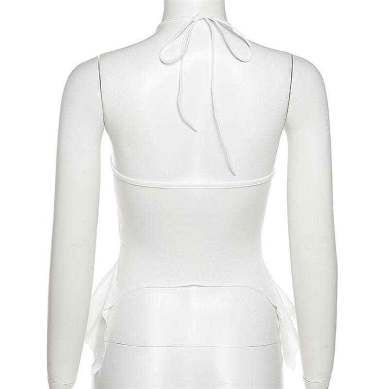 Hollow out ruched halter ruffled tie front cut out top