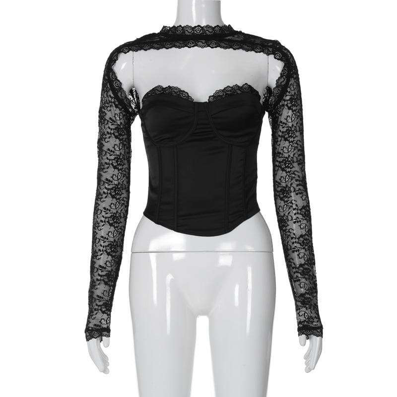 Long sleeve lace zip-up solid backless bustier patchwork top