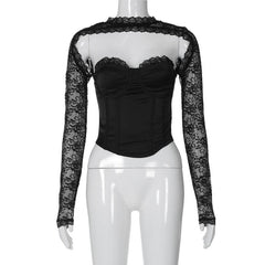 Long sleeve lace zip-up solid backless bustier patchwork top