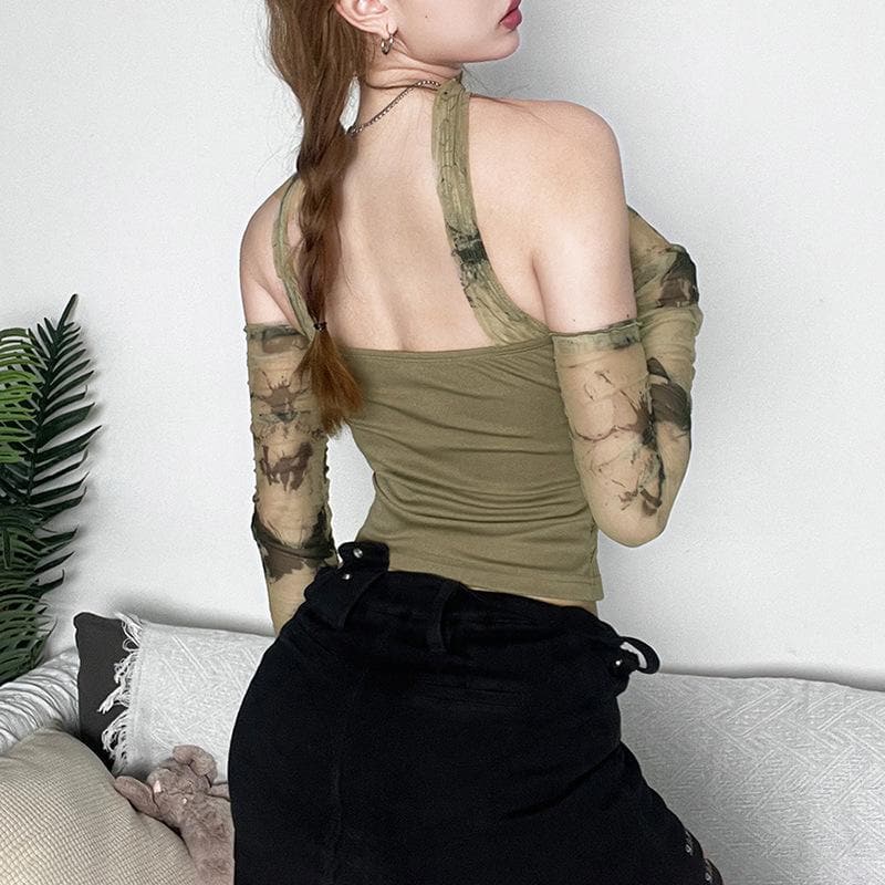 Mesh butterfly pattern off shoulder contrast long sleeve top