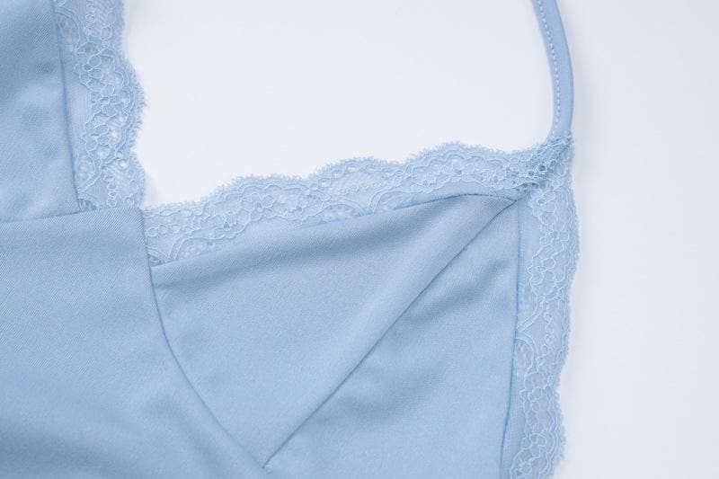 Halter v neck drawstring ruched lace hem pant set