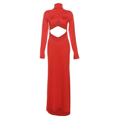 Hollow out solid long sleeve high neck zip-up cut out maxi dress