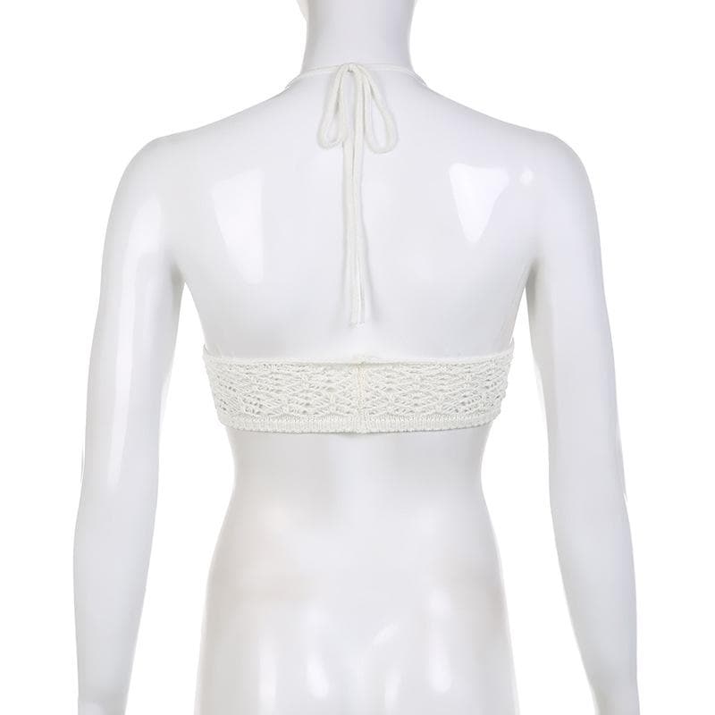 Metal chain ruched v neck halter self tie backless crochet crop top