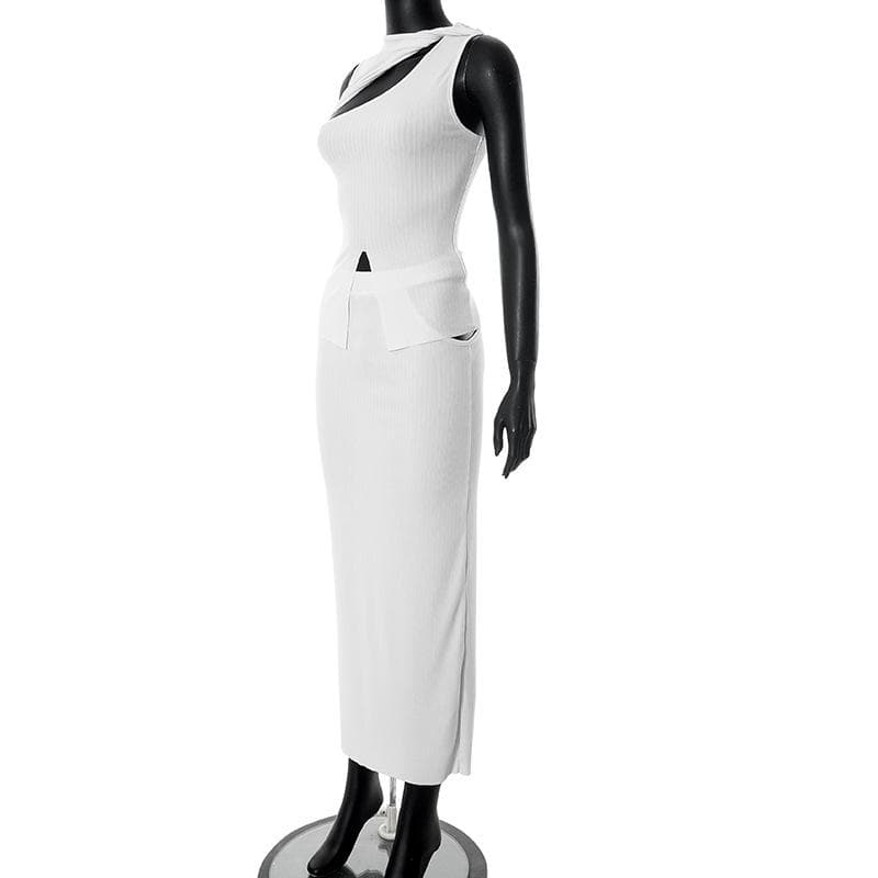 Hollow out solid knotted sleeveless irregular ribbed maxi skirt set- Final Sale