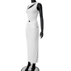 Hollow out solid knotted sleeveless irregular ribbed maxi skirt set- Final Sale