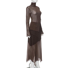 High neck long sleeve mesh slit midi skirt set