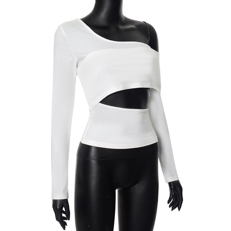 Long sleeve one shoulder hollow out solid irregular backless cut out top