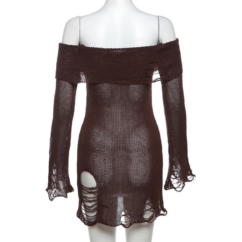 Long flared sleeve off shoulder hollow out see through knitted cut out mini dress - Final Sale