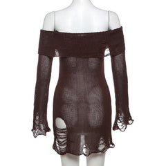 Long flared sleeve off shoulder hollow out see through knitted cut out mini dress - Final Sale